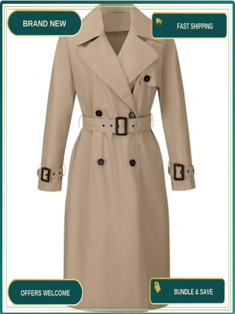 Water Resistant Double-Breasted Long Trench Coat Belted Lapel